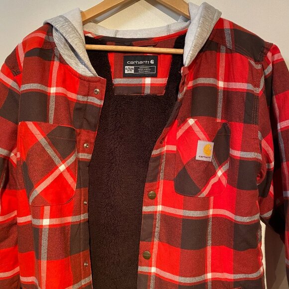 Carhartt Sherpa Lined Snap Front Plaid Flannel Hooded Jacket Youth XL (18/20)